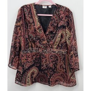 Cato Woman Plus Size 18/20W Paisley Sequin V-Neck Faux Wrap Blouse 3/4‎ Sleeve